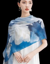 100% Silk mulberry Scarf Women neckerchief Shawl Wrap floral blue gray  HD1-42