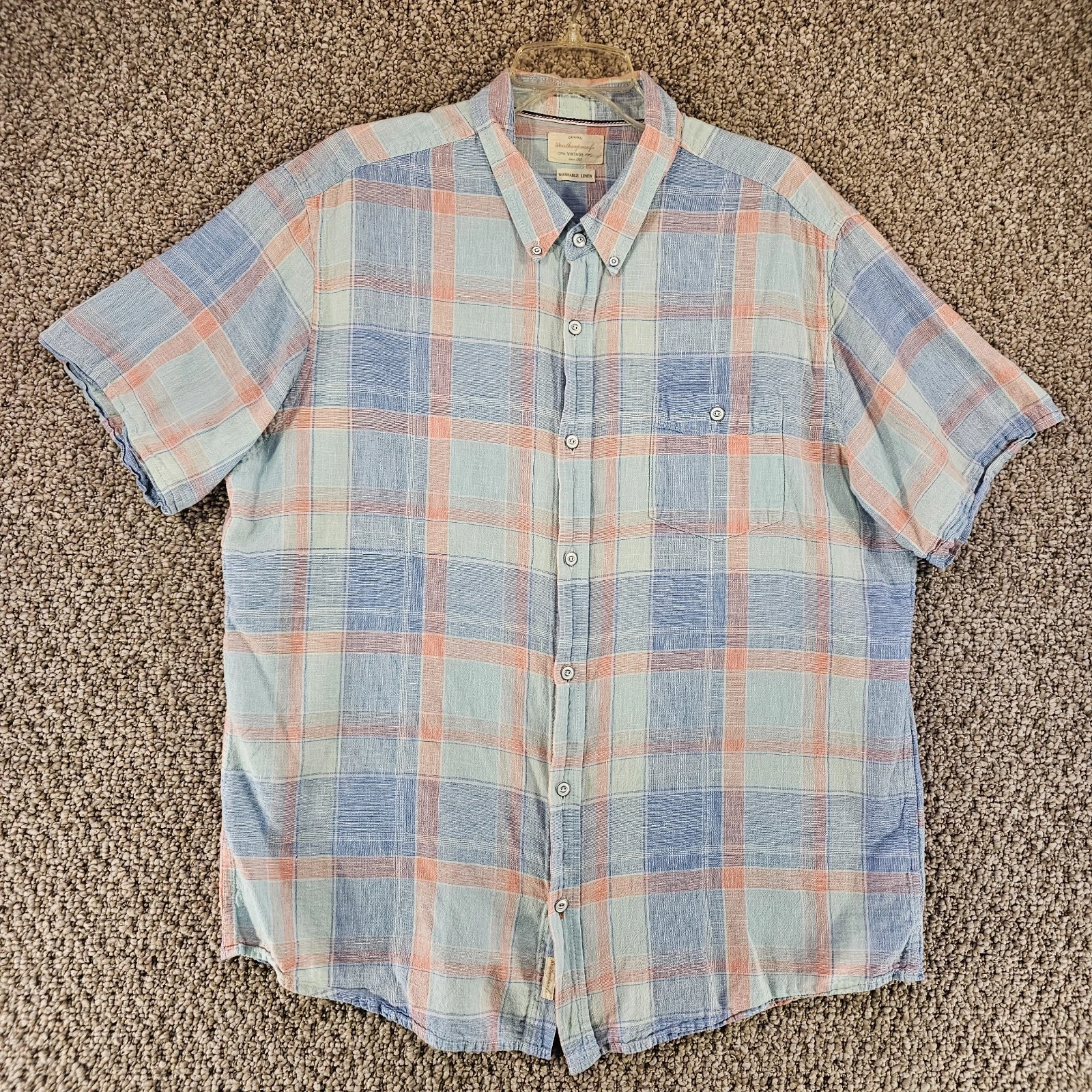 Waterproof Linen Shirt Mens Sz XL Short Sleeve Button Down Plaid