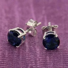 2CT Round Cut Blue Lab Created Women's Stud Earrings 14K White Gold Plated