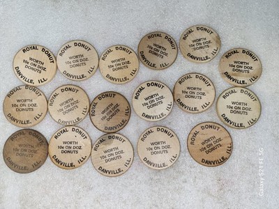 Lot of 17 Royal Donut Danville Illinois Wooden Nickel Tokens