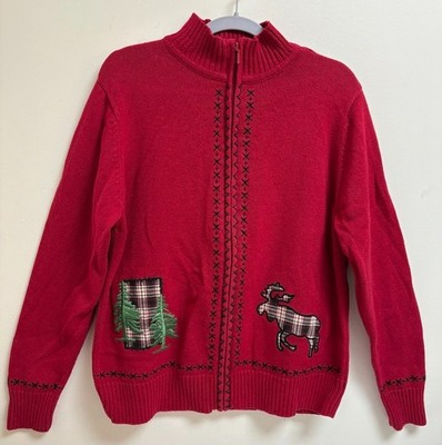 Bechamel Vintage 90s Womens L Red Christmas Sweater Moose Trees Zip Cardigan