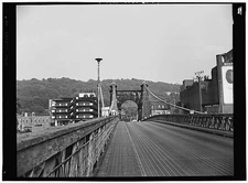 24. VIEW WHEELING TOWER FROM MID-SPAN. - Wheeling Suspension Bridge, Spanning