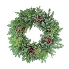 Garden Elements Fresh Evergreen Wreath – Mixed Noble Greens with Pinecones, 24"