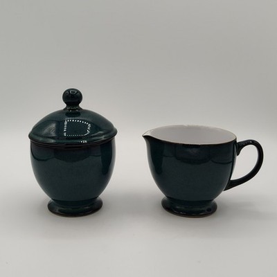 Denby England Greenwich Creamer and Covered Sugar Bowl Stoneware Sea Green
