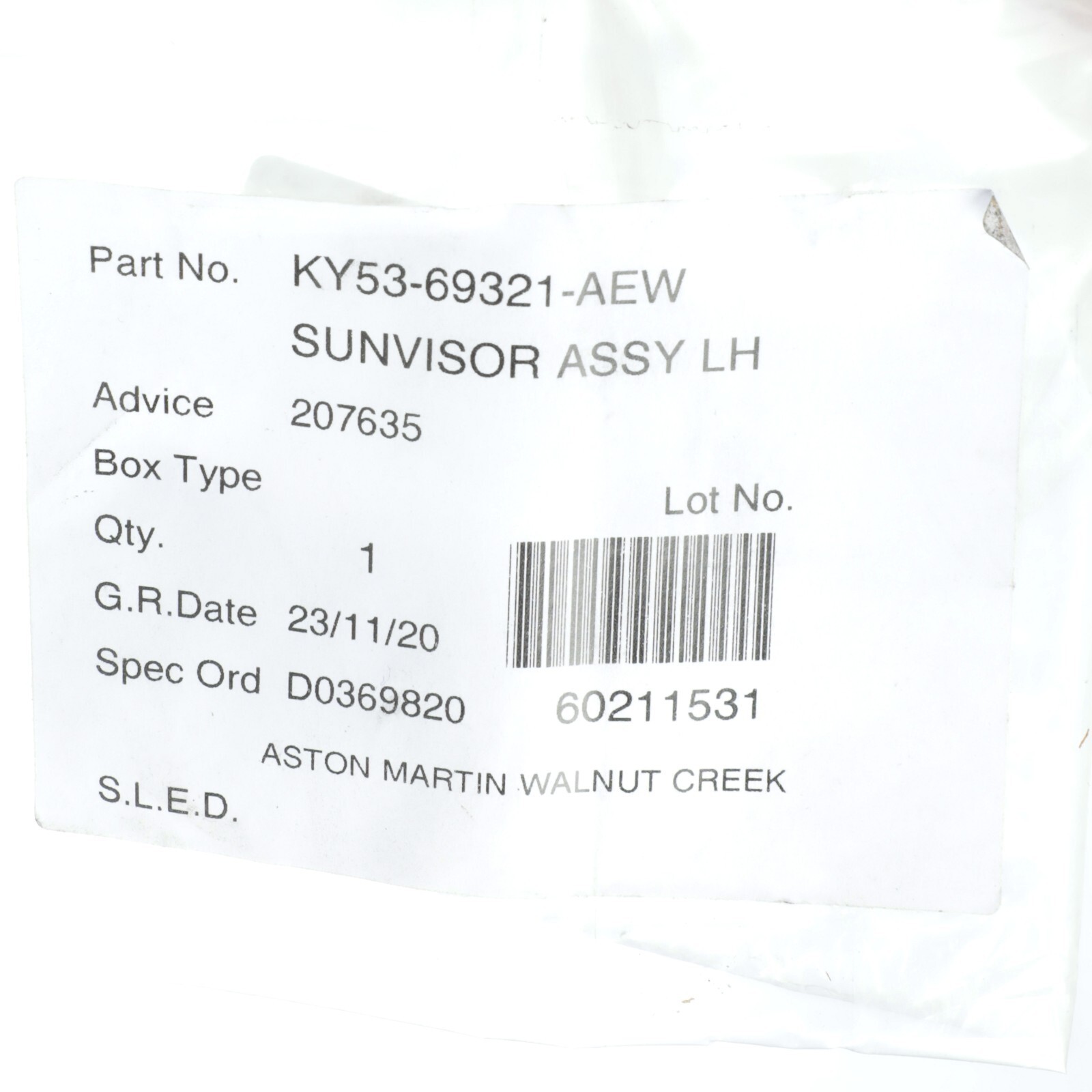 GENUINE ASTON MARTIN SUNVISOR ASSEMBLY LEFT OEM NEW KY53-69321-AEW