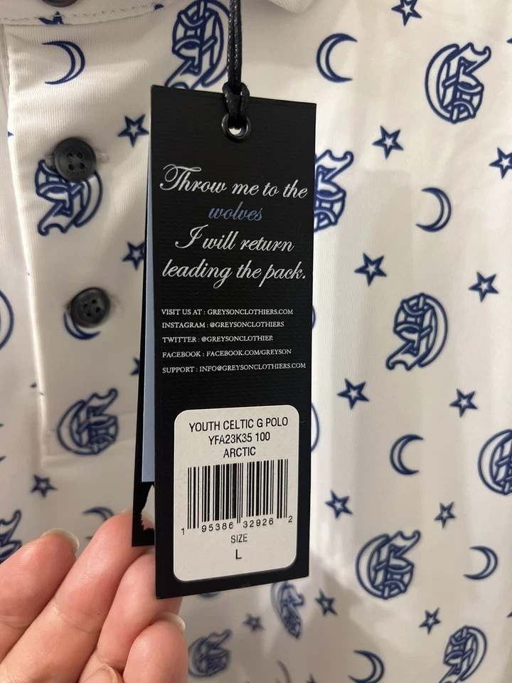 Greyson Youth Boys Blue White Celtic G Golf Polo Shirt Size L 8-9 New w/t - Image 4 of 4
