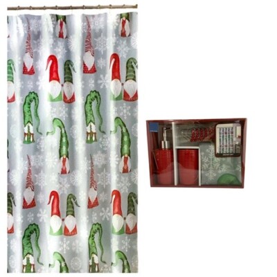 Christmas Bathroom Gnomes Ensemble Set Santa  Snowy Day 15 Piece Grey Multicolor