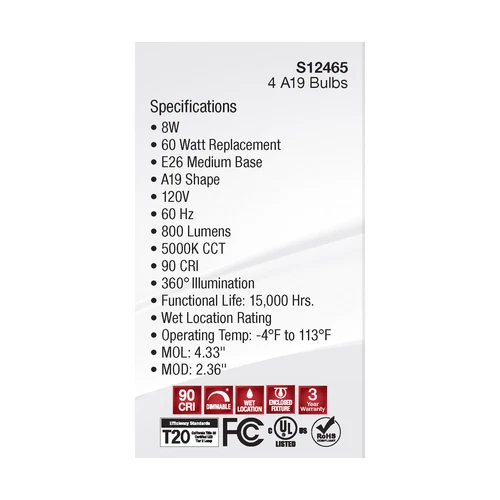 4 Pack Satco S12465 LED Filament 8W 60W A19 Medium E26 Clear 5000K Natural Light - Picture 10 of 12