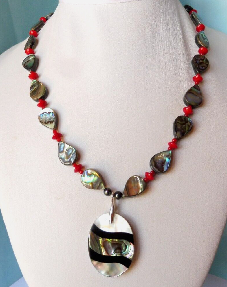 Collier Abalone Corail de 45cm en Argent Massif 110.Cts pour Femme