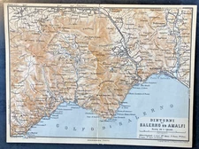 Amalfi & Salerno Italy 1930 WagnerDebes map 6X8" color fine detail Free Shipping