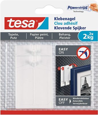tesa Klebenagel, 2 Stück, für Tapeten und Putz, bis zu 2kg pro Nagel, weiß