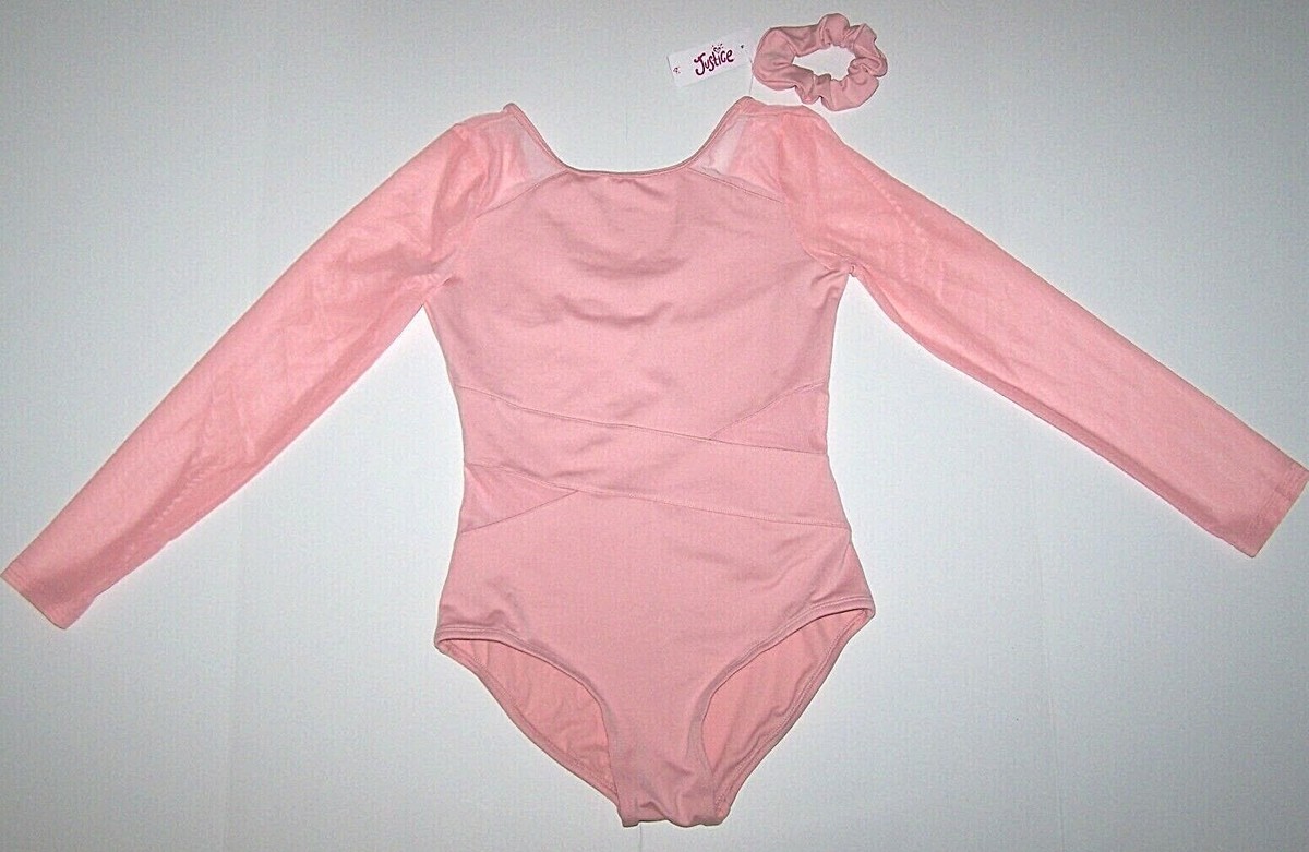 Justice Leotard Bodysuit Mesh Inserts Long Slv Ballet Pink New