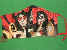 Sugar Skull Faces Print Washable Face Mask  Reusable 100 Cotton Reversible Red