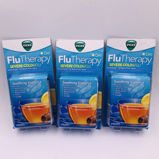 3 Vicks FluTherapy DAY Severe Cold & Flu Honey Lemon Tea 6 Packets each