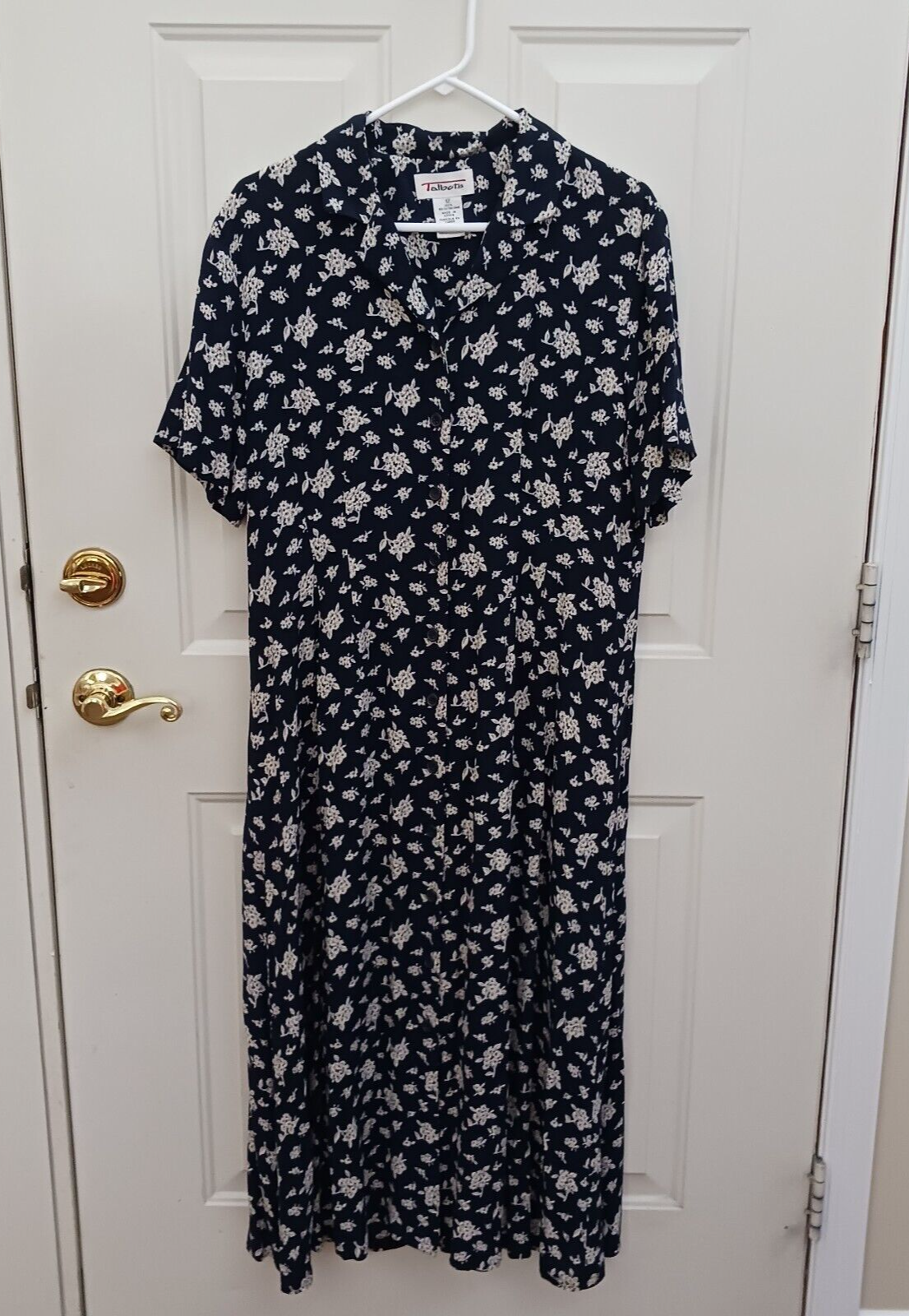 Talbots Maxi Dress Sz 12 Navy Blue Button Front Short Sleeve Floral Cottagecore-image