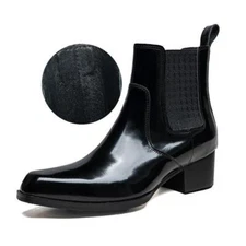Men's Square Toe Shiny Leather Block Heel Chelsea Ankle Boots Casual Party Work
