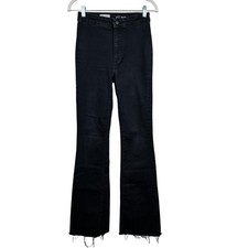Pilcro Anthropologie High Rise Flare Jeans Raw Hem Black Denim 26T Tall Stretch