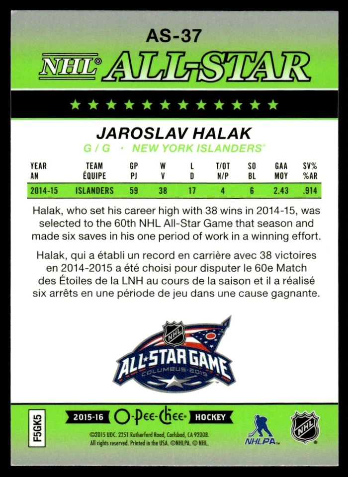 2015-16 O PEE CHEE NHL ALL STAR Jaroslav Halak New York Islanders #AS-37 - Image 2 of 2