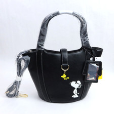 Peanuts Snoopy Woodstock Bucket Purse Black Pebble Handbag Charm Charlie Brown
