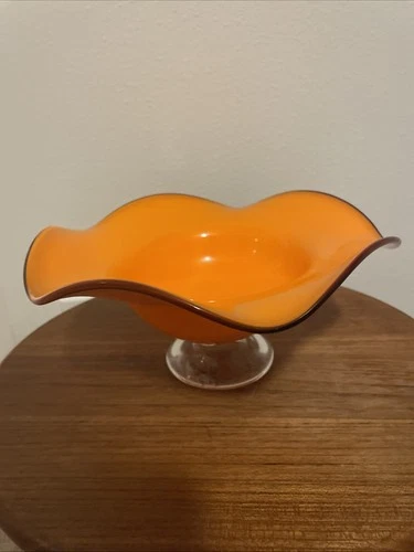 Vintage Teleflora Orange Art Glass Ruffle Wave Footed Fruit Bowl Murano Style