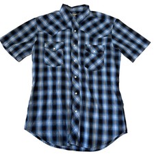 Wrangler Mens Western Shirt Blue Black Plaid Pearl Snap Short Sleeve Size M