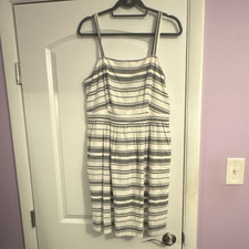 LOFT Outlet Striped Sleeveless Sundress Knee Length White Gray Square Neck M