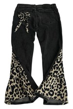 Upcycled Reworked Black Denim Flares with Leopard Inserts & Bow Size S