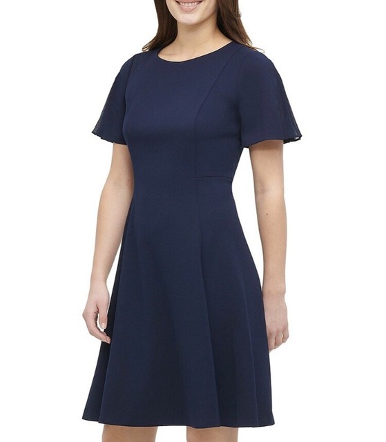 DKNY BLACK Pleated Short Sleeve Scuba Crepe Fit & Flare Dress eBay