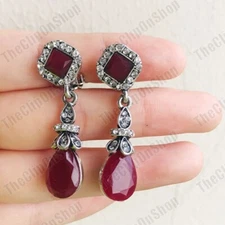 4cm CLIP ON Drop Dangle Earrings Vintage Silver Rhinestone Crystal Non Pierced