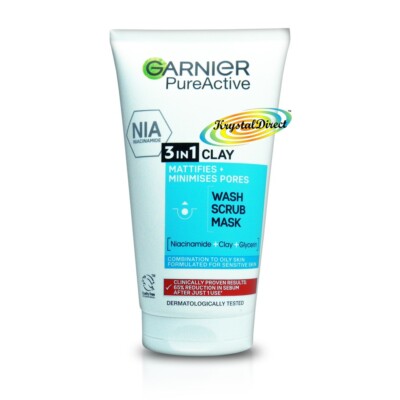 Garnier Pure Active 3 in 1 Clay Face Wash Peeling Maske 150ml mit Niacinamid