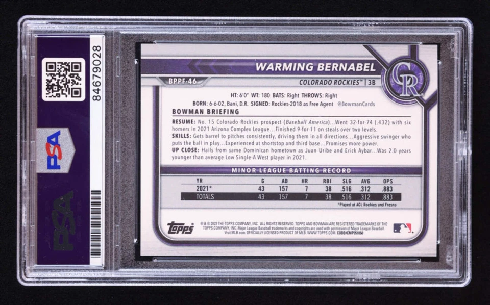 Warming Bernabel Signed 2022 Bowman 1st Edition #BPPF46 RC (PSA | Auto 9) Rookie - Image 2 of 2