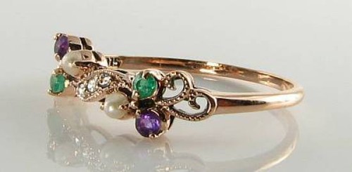 SUFFRAGETTE 9K 9CT ROSE GOLD AMETHYST EMERALD PEARL DIAMOND ART DECO INS RING - Picture 2 of 5