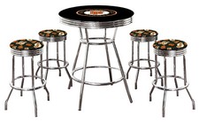 MLB 5PC Set Black Chrome Bar Table Team Logo Decal Fabric Seats Glass Top Option