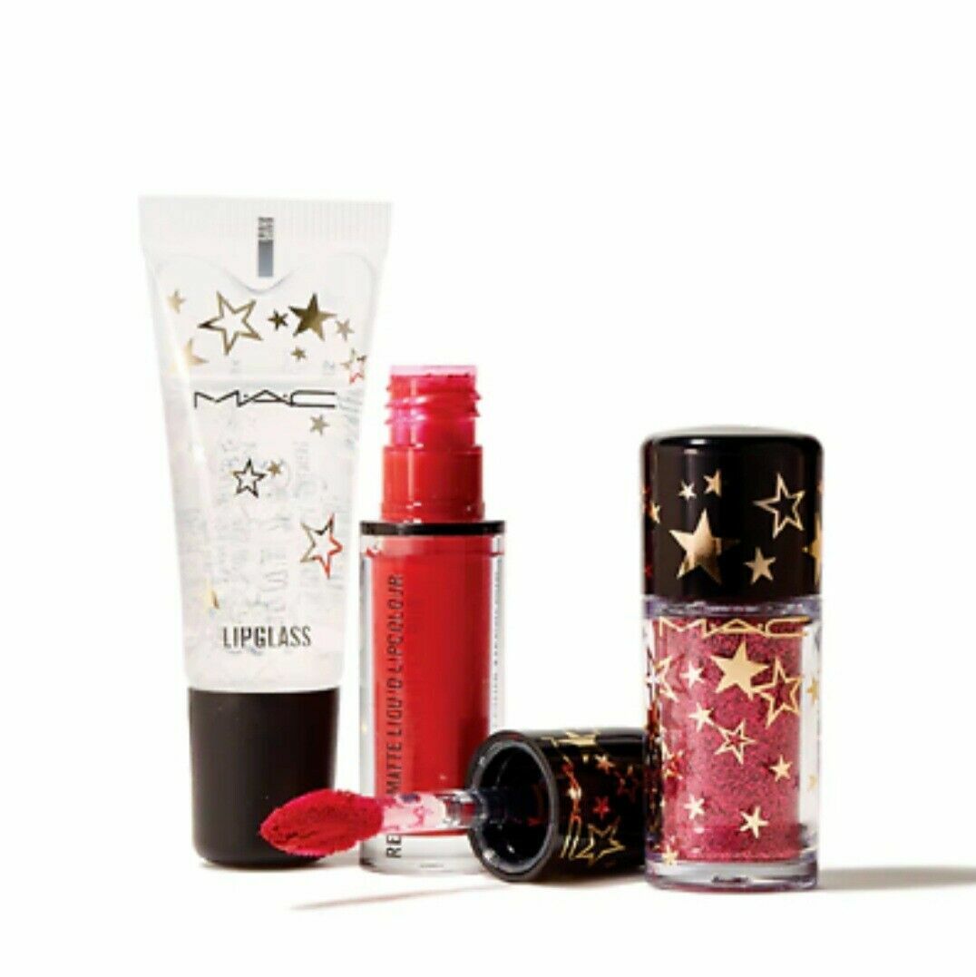 NIB MAC SHINING MOMENT KIT: RED GLITTERS CLEAR LIPGLASS FEELS SO