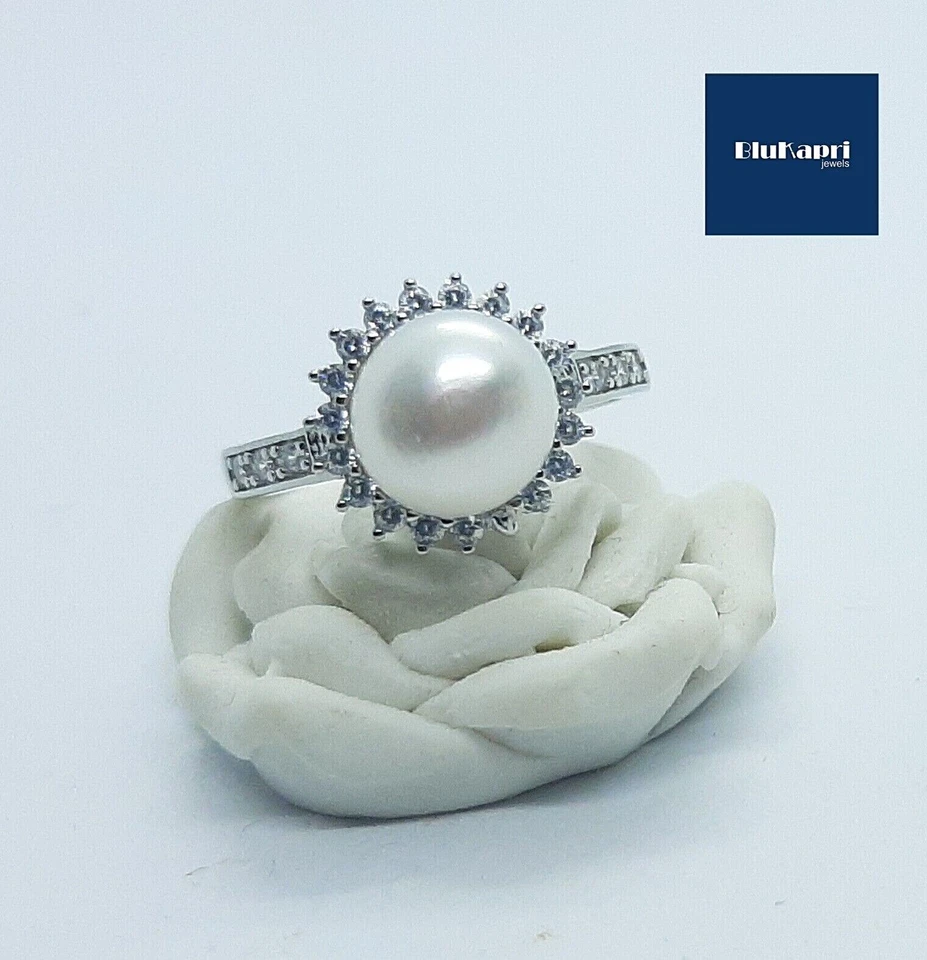 Anello donna argento 925 con perla e zirconi bianchi solitario fascia brillante - Immagine 4 di 4