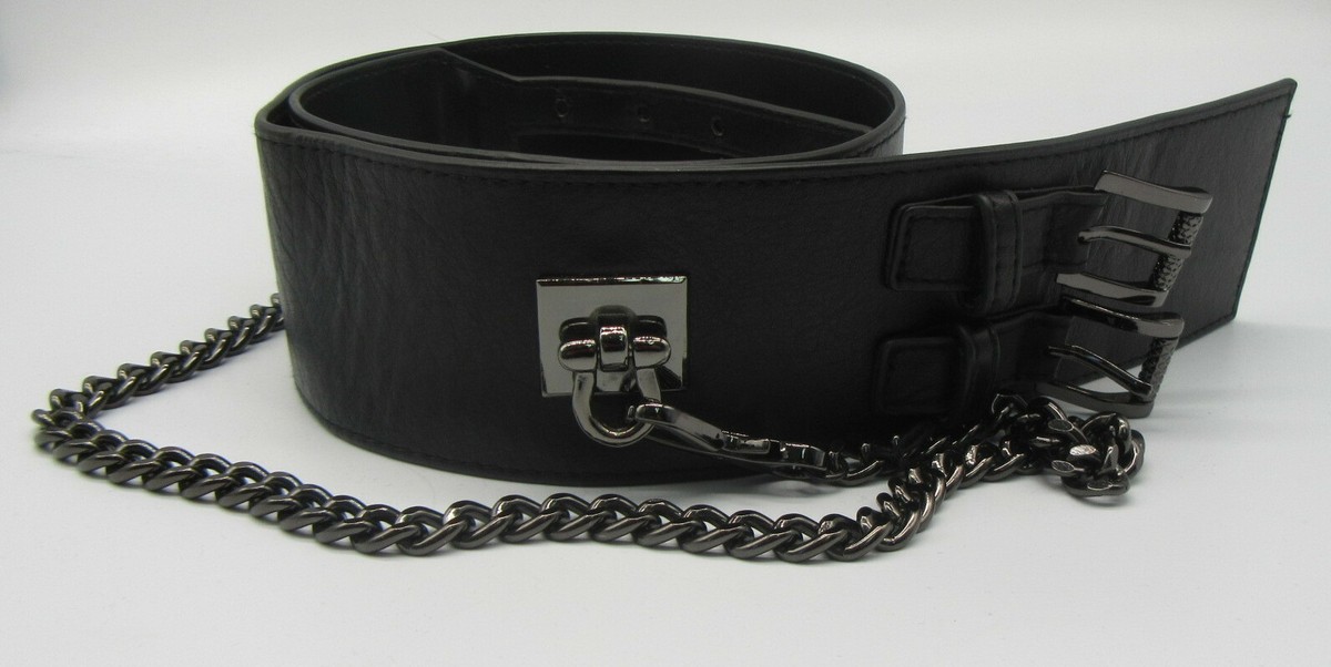 ROBERT RODRIGUEZ Black Leather Double Buckle Chain Belt Size  display picture 3
