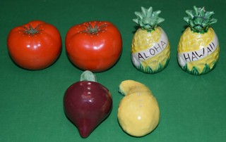 Three pairs of fruit and vegetable SALT & PEPPER SHAKERS Tomato Pineapple Turnip