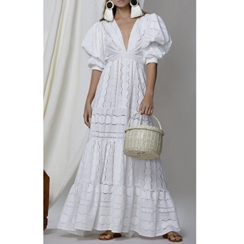 Fashion Summer Women's Deep V Neck Bubble Sleeves Lace Dress Hollow Out Skirt - Picture 1 of 15