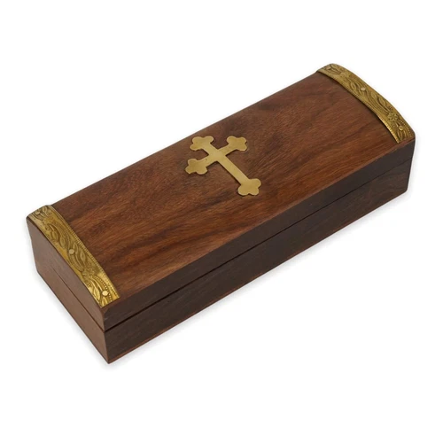Wooden Box -Decorative Rectangular with Brass Orthodox Cross and Hinged Lid -NEW - Picture 1 of 3