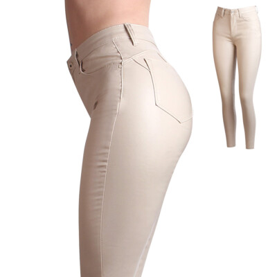 Damen Skinny Hose Lederoptik High Waist Push Up Slim Fit Stretch Glanz Treggings