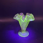 Vintage Uranium Fenton Emerald Green Ruffled Edge Hobnail Glass Trumpet Vase