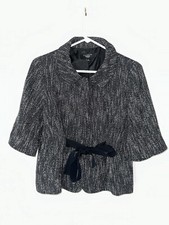 Talbots Jacket Blazer Black White Tweed Tie Front 3/4 Sleeve Size 4p