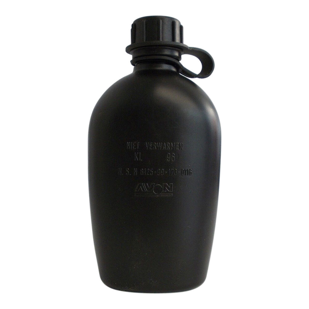  NEW Water Drinking Bottle UK AVON GI Dutch Army 1 Litre Black Cadet Camping