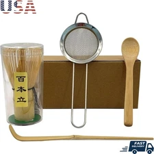 Matcha Tea Set Bamboo Whisk Strainer Spoon Gift Box Beginners 4 Piece Kit New
