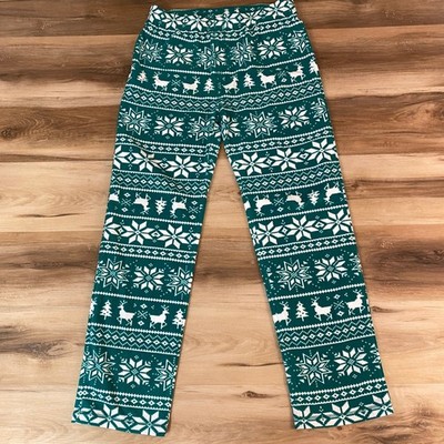Lands End Girls Pajama Pants size 20 Green White Fair Isle Deer Snowflake Fleece