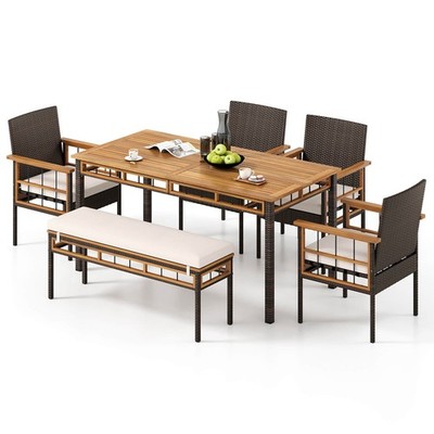 6PCS Acacia Wood Table Backless Bench 4 Armchairs w/1.97  Umbrella Hole  Cushion