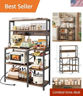 Kitchen Storage Shelf with Power Outlet Wire Basket Coffee Bar S Hooks Organizer