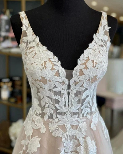 Champagne Spitze Brautkleid Hochzeitskleid Ivory Träger 32-60 - Bild 2 von 5