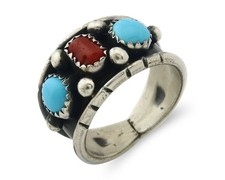 Vintage Zuni Ring 925 Silver Coral  Turquoise Snake Eye Inlay