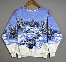 Vintage 90s Art Unlimited Christmas AOP Winter Cut Crewneck Distress Sz L Snow